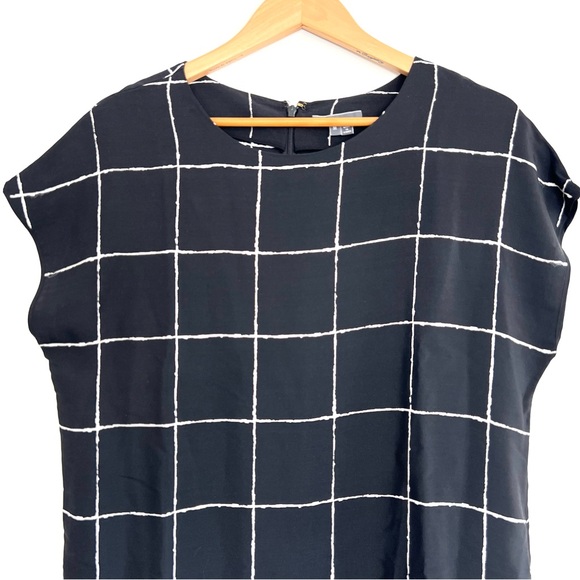 VINCE 100% Silk Black White Windowpane Print Side Pockets Mini Shift Dress Sz M - Picture 4 of 15